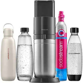 Sodastream Duo titan + Glaskaraffe + PET-Flasche + Metallflasche + Zylinder
