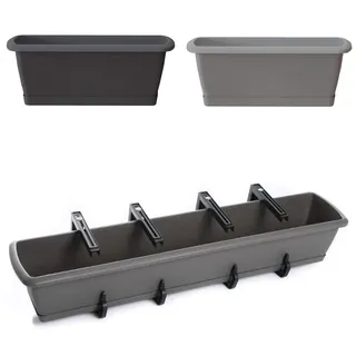 Blumentopf Blumenkasten Balkonkasten Pflanztopf mit Aufhängung und Untersetzer Robuster Kunststoff Geländerkasten Halterungen 40cm-90cm 6 Größen (900 Grau)