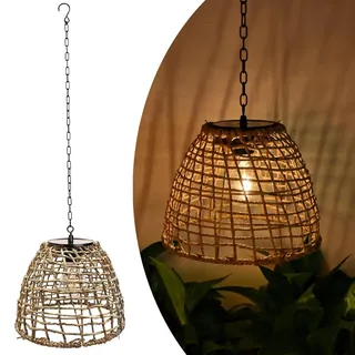 Außen Hängelampe Solar Laterne IP44 Wasserdicht Garten Solarlampe Boho Rattan Lampenschirm Pendelleuchte Hängeleuchte mit LED Glühbirne Gartenleuchten für Patio Terrasse Balkon Hof Pavillon Deko