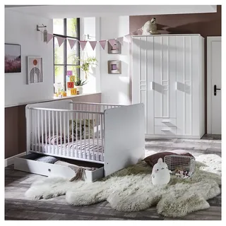 Lomadox Babyzimmer-Komplettset BEELEN-43, (3-tlg., Kleiderschrank, Babybett, Bettschubkasten), weiß, Babyzimmer Schrank, Gitterbett mit Schubkasten weiß
