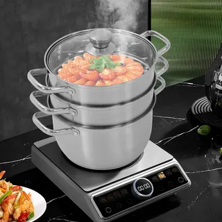 Edelstahl-Dampfgarer Edelstahltopf Topf mit Dämpfeinsatz für Verschiedene Herdarten wie Gasherde Induktionsherde Silber Rostfreier Stahl