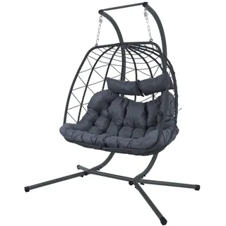 ALEOS. Doppel Twin Rattan Geflecht Korb Hängesessel mit Gestell komplett inkl. großem dickem Polster, Korbhängesessel Indoor und Outdoor, Modell Korfu