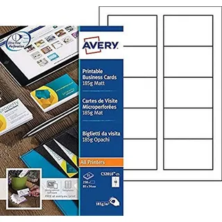 AVERY - Packung mit 250 bedruckbaren Visitenkarten, aus matter weißer Karton, 185 g/m2, Format 85 x 54 mm, Laser/Tintenstrahldruck, (C32010-25)