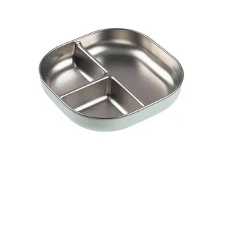 BÉABA Baby Teller Edelstahl Abteilbar Mikrowellengeeignet Rutschfest Mit Silikonhülle Bruchsicher Ergonomische Hohe Ränder Spülmaschinenfest Grau/Grün