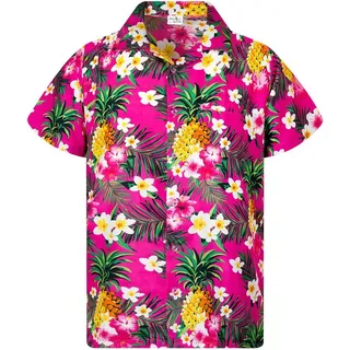 King Kameha Funky Hawaiihemd Kinder Jungen Mädchen Kurzarm Fronttasche Hawaii-Print Unisex Ananas Blätter Muster - 6 Jahre