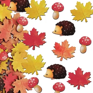 70 Stück Herbst Streudeko Holz, mit Aufbewahrungsbox, Igel Pilze Ahornblätter Holzdeko Herbst, Kinder Konfetti für Tischdeko, Herbstdeko Basteln, Holzscheiben Deko für DIY Handwerk Verzierungen