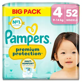 Pampers Premium Protection Größe 4, 52 Windeln, 9kg-14kg, Doppelter Schutz für die Haut und vor Auslaufen