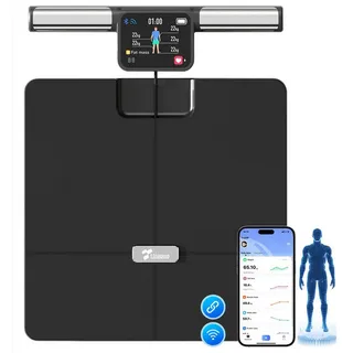 pedete Körper-Analyse-Waage Fitness Körperfettwaage mit 8 sensoren,App-Steuerung,Bluetooth, mit App zur Übertragung und Tracking der Messwerte, Körper & Viszeralfett, Muskelmasse, BMI & RMR,Tragkraft 180 kg. schwarz