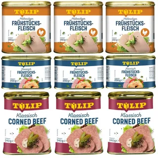 TULIP Wurstkonserve Frühstücksfleisch Corned Beef 340g + Hähnchen 340g + Schwein 200g, (Set, Corned Beef + Hähnchen + Schwein), Dänische Delikatesse