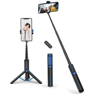 ATUMTEK Selfie Stick Stativ, 3-in-1 Ausziehbares Aluminium Handy Stativ mit kabelloser Bluetooth-Fernbedienung, Kompatibel mit iPhone 17/16/15/14/13/12 mini/11 Pro und Samsung Smartphones, Blau