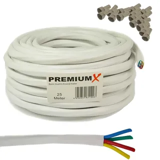 PremiumX 25m Basic Quattro Quad Koaxial SAT Kabel 90dB 2-Fach geschirmt Antennenkabel 4in1 Koaxialkabel Weiß inkl. 16x F-Stecker (1,16€/M)