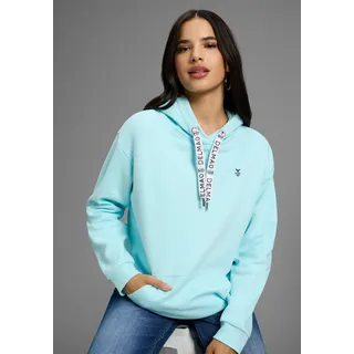Kapuzensweatshirt DELMAO, Damen, Gr. 48/50, türkis, angeraute Sweatware, Obermaterial: 80% Baumwolle, 20% Polyester, bestickt, unifarben, lässig geschnitten hüftbedeckend, Rippbündchen, Sweatshirts, Weiche Baumwollmischung mit Kängurutasche und bedruckter Kordel