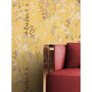 Newroom Vliestapete, Gelb Tapete Floral Blumen - Blumentapete Beige Koralle Romantisch Modern Blätter Zweige für Wohnzimmer Schlafzimmer Küche gelb