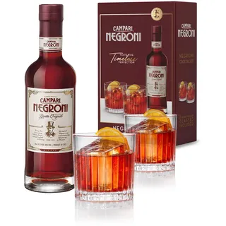 Campari Negroni Geschenkset – 1x 0,5 l Campari Negroni im Set mit 2 Gläsern – italienischer, servierfertiger Pre-Dinner Cocktail