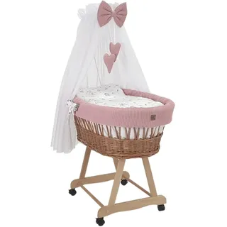 Wiklinopol Stubenwagen aus Weide mit Baldachin und Gestell Lena – Moseskorb in Natur, Komplettset mit 5-TLG. Waffel-Bettwäsche Zirkusmotiv – Mit Rollen, Tragbar, Sicher