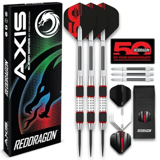 RED DRAGON Darts – Axis Red Series 28 g – Stahlspitze 85% Wolfram Professionelles Dart-Set mit Dart-Flights, Schäften und Brieftasche