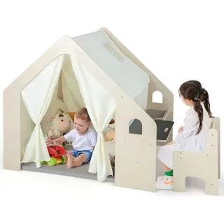 COSTWAY 6-in-1-Kinderspielhaus aus Holz mit Tafel, Schreibtisch, Stuhl, Aufbewahrungsbehälter & Bodenmatte, für Kinder 2–6 Jahren - Beige
