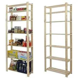 MODO24 Holzregal, 7 Regalböden, Eckregal, Standregal, Kellerregal, Lagerregal, Bücherregal, Wandregal, Büroregal, für Wohnzimmer, Küche, Keller, Garage, Abmessungen 220x80x28 cm, Farbe: Naturholz