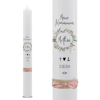 VILLA ROSA LOTTA – Personalisierbare Kommunionkerze Taufkerze „Penelope“ mit Wunschdaten und Rückseite | Blumenkranz | 40 cm x 4 cm | für Jungen und Mädchen | Altarkerze elfenbein