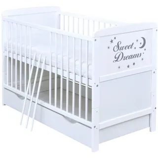 Baby Delux Babybett Kinderbett umbaubar zum Juniorbett weiß 140x70 Schublade Matratze mit Motiv Sweet Dreams (mit Schaumstoffmatratze 140x70x6 cm)