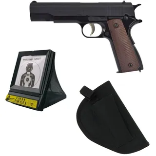 Softair Set Semi Automatik Set mit Pistolen Holster Airsoft Catchbox Power Shoot funktion Halbautomatische Pistole inkl. Target Kugelfang und Waffentasche 6mm 12 Rounds Magazin Einzelschuss <0,5 Jule