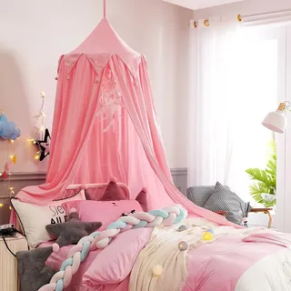 Surwin Baldachin Betthimmel Rosa Madchen Jungen Babybett, Himmelbett Moskitonetz Bett mit Kugel für Kinderbett Kinderzimmer Einzelbett Schlafzimmer Kinder Geschenk Reise