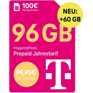 Telekom MagentaMobil Prepaid Jahrestarif 156 GB (13GB/Monat) | 5G/LTE Max & Allnet Flat in alle dt. Netze | unverbrauchtes Datenvolumen weiter nutzen | EU Roaming & Hotspot Flat | 100EUR Startguthaben
