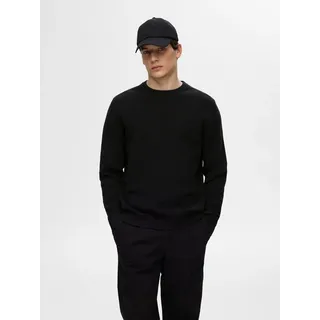 Selected Rundhalspullover "SLHROSS LS KNIT STRUCTURE CREW NECK NOOS", Herren, Gr. XL, schwarz, Strick, Obermaterial: 100% Baumwolle, unifarben, regular fit normal, Rundhals, Rippbündchen, Pullover Rundhalspullover, Baumwolle, regular fit