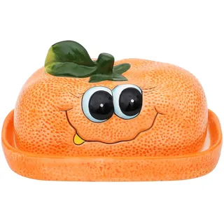 Dekohelden24 Keramik Butterdose/Butterbehälter als Orange/Mandarine in orange, Maße ca. 16,5 x 11 x 10 cm.