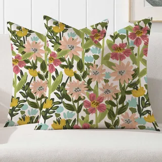 Kiatuniya Kissenbezug 40x40 Frühling Grün Blumen Bunt Kissen Sofakissen Kissenhülle Outdoor Blume Dekorative Kissenbezüge Kopfkissenbezug für Sofa Couch Wohnzimmer Garten Deko 2er Set