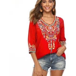 drakloak Bluse Stickerei Damen Boho Oberteile Tunika Folklore Hippie Blusen Bohemian Kleidung(054 RD XL) - XL