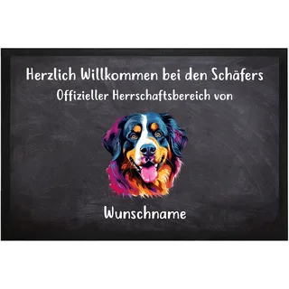 Berner Sennenhund Fußmatte personalisiert - innen und außen, Anthrazit | Hundemotiv Berner Sennenhund, Offizieller Herrschaftsbereich, 100 Rassen wählbar, rutschfest, für Haustür, mit Wunschname