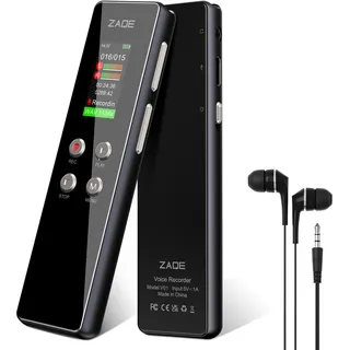 64GB Digitales Diktiergerät, 1536 Kbps Diktiergerät Mini mit A-B-Wiederholung, Diktiergerät mit Spracherkennung Password USB Wiederaufladbar, Stereo HD Aufnahmegerät für Vorträge Meetings (ZAQE-A55)