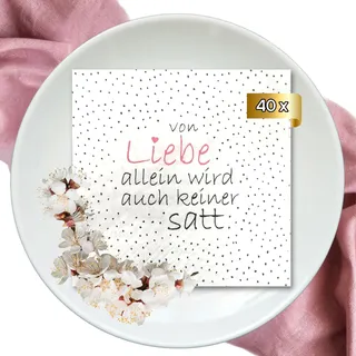 Bada Bing 2er Set mit 40 Stück Servietten mit Spruch für Geburtstag Hochzeit - lustige Papierservietten weiß „Von Liebe allein wird auch keiner satt“ - edle Tischdeko Deko für den Frühling Sommer