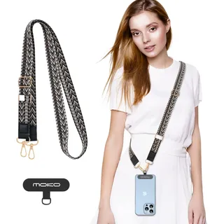 MoKo Universal-Handy-Lanyard, geflochtene Handykette, Umhängeband, Diebstahlschutz, abnehmbares Damen-Handy-Lanyard um den Hals mit Patches für iPhone, die meisten Smartphones – Schwarz+Grau