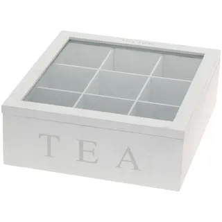Mojawo Teebox Holz Weiß Deckel 9-Fächer mit Aufschrift TEA