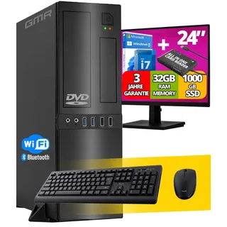 Office PC Komplett 24 Zoll HD-Monitor, Tastatur und Maus | i7 | 32 GB RAM | 1000 GB SSD | DVD-Brenner - Kartenleser | WiFi & Bluetooth | USB3 | Win 11