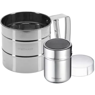 Westmark 2x Puderzuckerstreuer – Feines Mehlsieb mit Einhand-Bedienung aus 100% rostfreiem Edelstahl, Set 2-teilig, spülmaschinenfest, Silber – 250g Volumen 321522E7