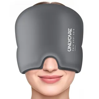 onlycare Migräne Maske, Upgraded Kühlmaske Schlafmaske Kühlmütze Kühlhaube | 360° Gel Surround kühlpads zur Linderung von Migräne, Kopfschmerzen, Grau