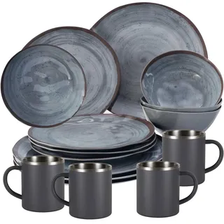 Melamin Geschirr Set Grau für 4 Personen 16 Teile mit Edelstahl Thermo Tassen doppelwandig - Tonoptik Essgeschirr - Campinggeschirr Picknick ideal für Camping modern Outdoor