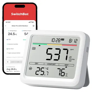 SwitchBot CO2-Melder, CO2 Messgerät mit Thermometer Hygrometer Luftqualität Messgerät mit CO2-Alarm, Bluetooth CO2 Sensor mit APP, 2 Jahre Datenspeicher, Hub erforderlich