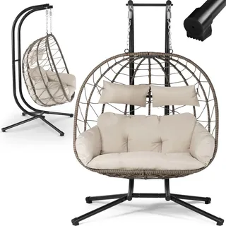 Juskys Doppelhängesessel Aria - Polyrattan Hängesessel mit Gestell & Kissen - 2 Personen - Beige