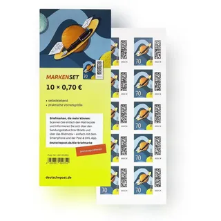 10 Stück 0,70 EUR 70 Cent postfrische selbstklebende Post Briefmarken | Frankaturware Markenset (Motiv: Brief auf Umlaufbahn)