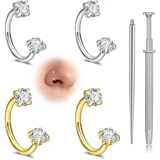 Nymora Nasenpiercing Set 18G 8mm - 4 Stück (2 Gold, 2 Silber) Nostril Piercing Ring, Rook & Tragus Piercing Schmuck, Nasenring Gold Dünn, Piercing Wechsel Set