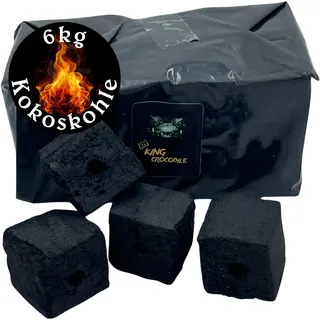 King Crocodile Kokosnuss Kohle Cubes 40x40mm 6kg I Kohlewürfel mit Zugloch I Nachhaltige Naturkohle mit Langer Brenndauer & wenig Asche I Grillkohle mit geringer Rauchentwicklung
