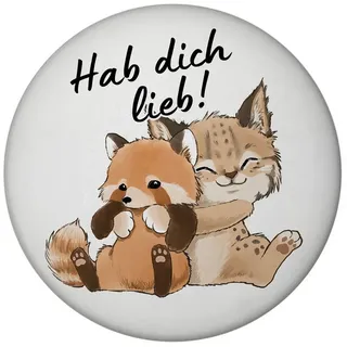 speecheese Luchs und Panda Magnet rund mit Spruch Hab Dich lieb Perfekt für Partner oder Freunde eine süße Umarmung zwischen Raubkatze und Panda als Valentinsgeschenk
