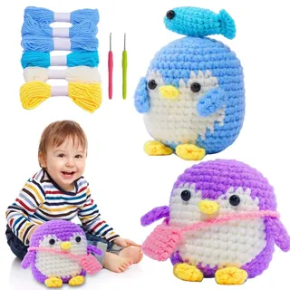 Häkeltier-Set Pinguin, Häkelset für Anfänger,Kuscheltier-Anfänger-Häkelset für Erwachsene - Häkel-Starter-Set mit Garn, Haken, Nadel, Häkeltier-Set für Anfänger mit Schritt-für-Schritt-Video-Anleitung