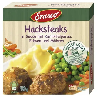 Erasco Hacksteaks in Sauce mit Kartoffelpüree, Erbsen und Möhren 1 St.