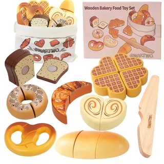 Smartwo Holz Lebensmittel Kinderküche Zubehör für Spielküche und Kaufladen, Brot Holzspielzeug zum Schneiden, Bäckerei Küchenzubehör für Rollenspiele, Geschenk für Mädchen Jungen ab 3 Jahre
