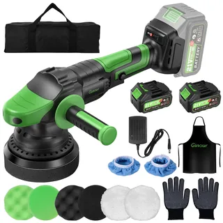 Ginour Poliermaschine Akku 21V mit 2x3Ah Akkus, 900W Bürstenlosen Motor, Exzenter Poliermaschine 15mm 3-Geschwindigkeiten, 2000-6000 RPM, 125mm Polierschwamm